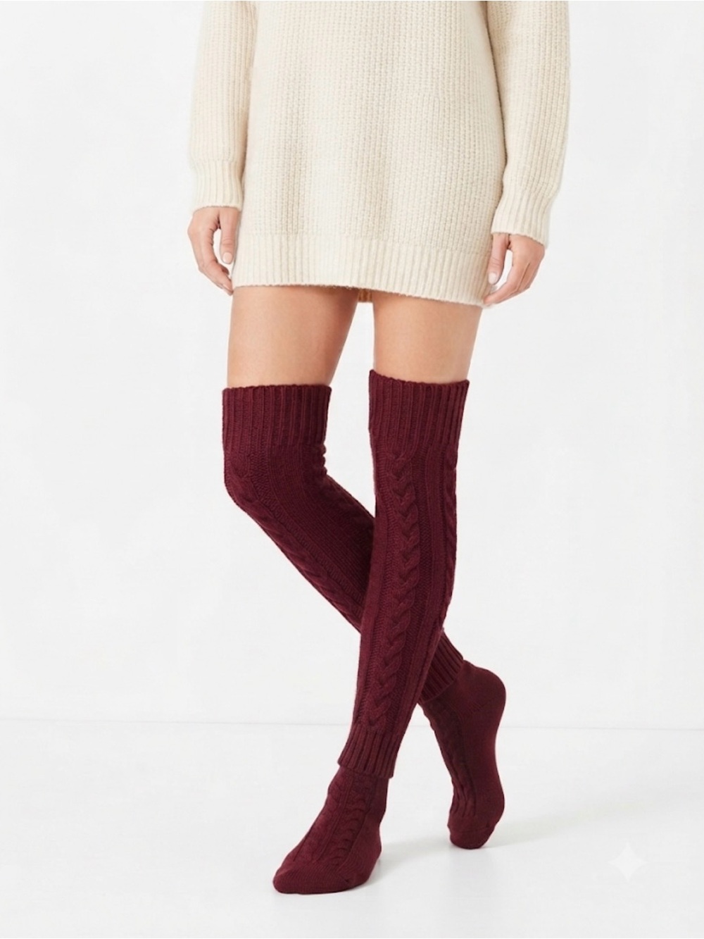 Maroon Cable Knit Over-the-Knee Thigh High Winter Boot Socks